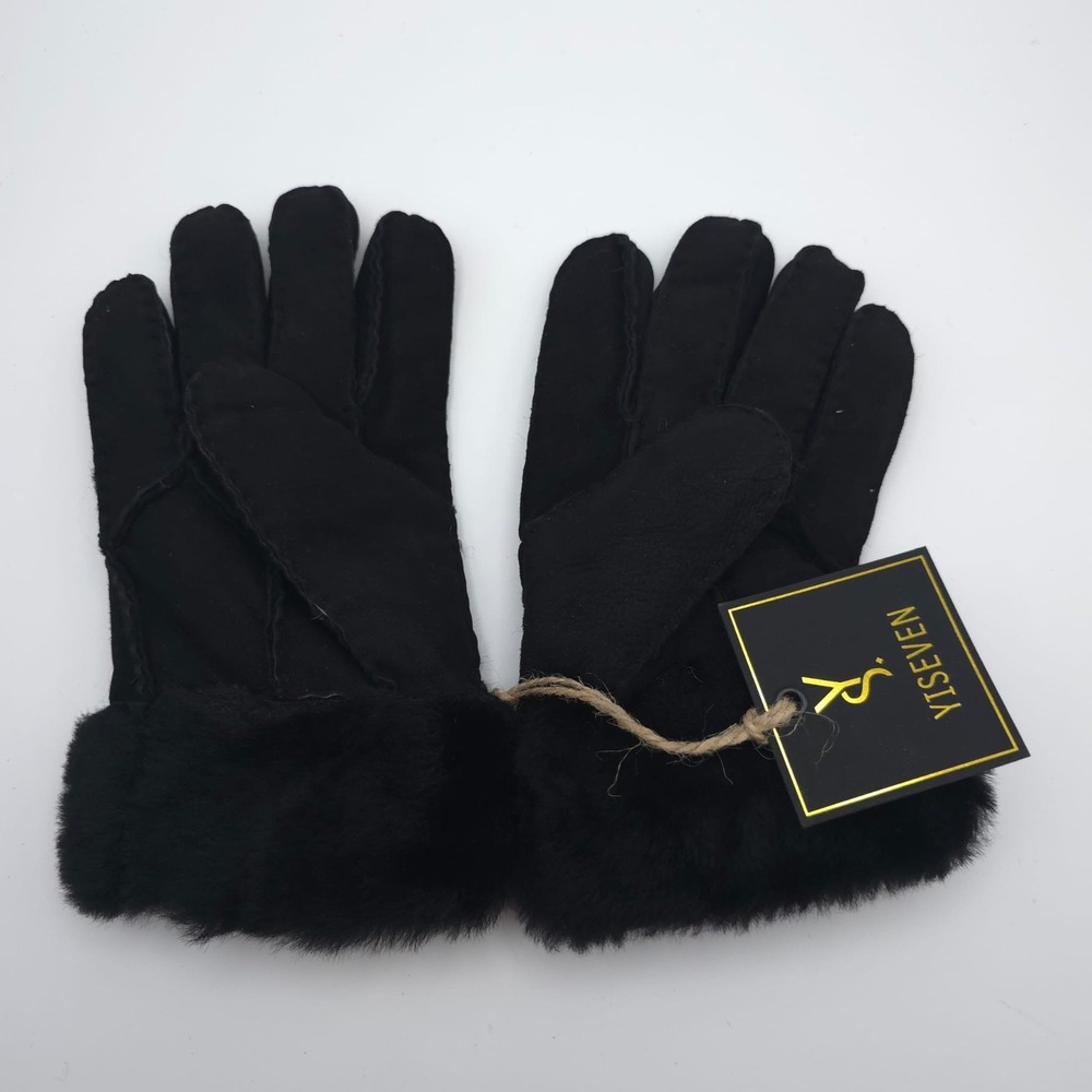 YISEVEN New MEDIUM Black Suede Twin Face Sheepskin Leather Gloves 100% WOOL‎